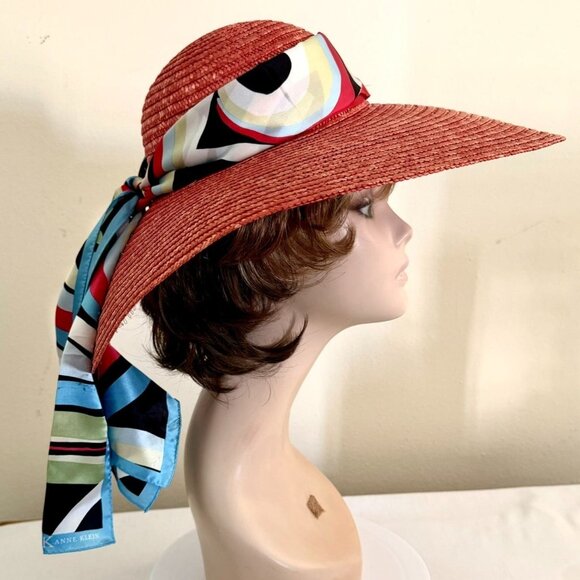 Wide Brim Straw Sun Hat With Anne Klein Multicolor Patterned Silk Scarf Accent - Picture 11 of 12
